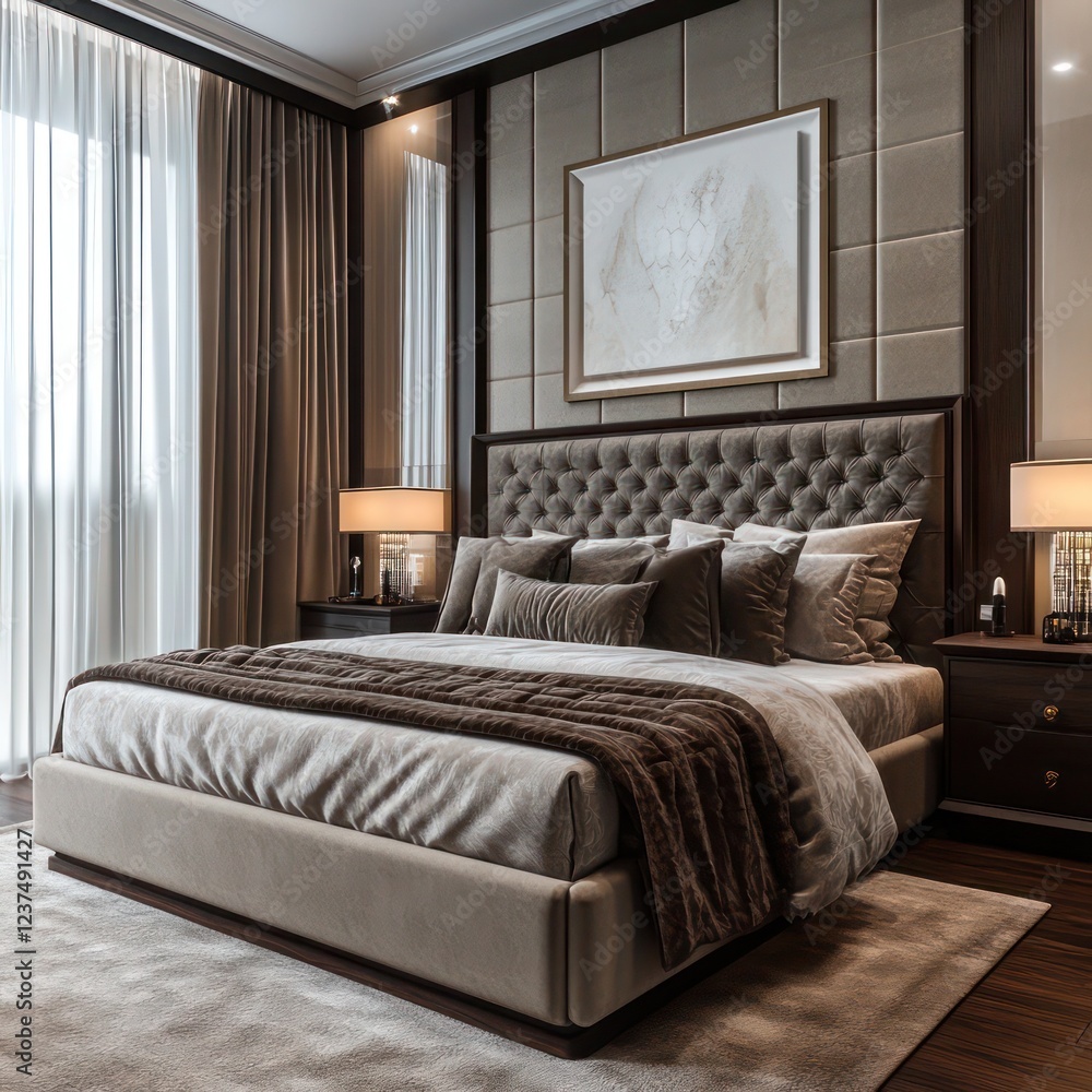 Luxury bedroom with plush bedding neutral tones and an elegant timeless design Luxury bedroom with plush bedding neutral tones and an elegant timeless design