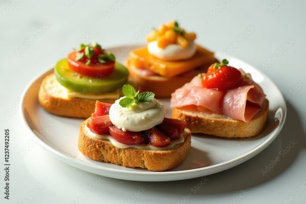 A delectable assortment of mini open-faced sandwiches, each topped with a unique and vibrant combination of gourmet ingredients, artfully arranged on a pristine white plate. A delectable assortment of mini open-faced sandwiches, each topped with a unique and vibrant combination of gourmet ingredients, artfully arranged on a pristine white plate.