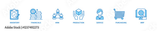 ERP icon set flow process which consists of inventory, financials, hrm, production, service, purchasing, and mrp icon live stroke and easy to edit .