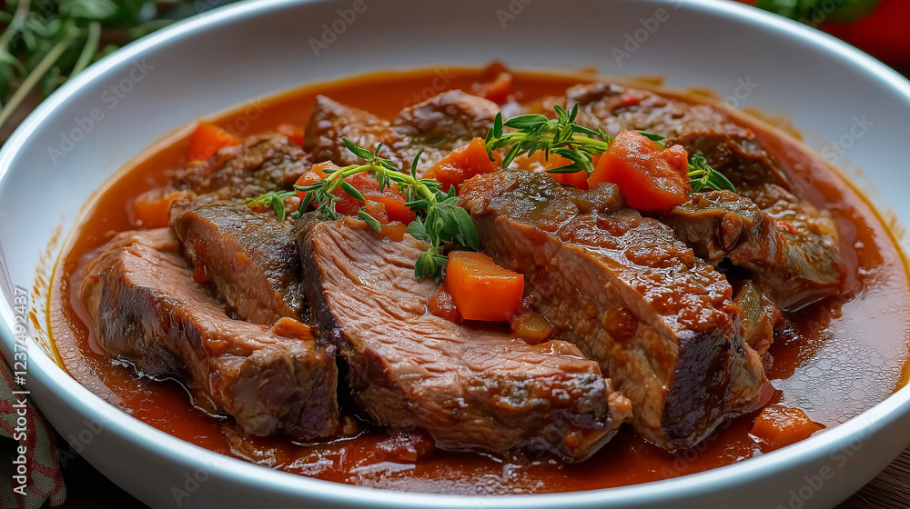 Delicious braised beef with carrots and thyme enjoying a tomato sauce bath Delicious braised beef with carrots and thyme enjoying a tomato sauce bath