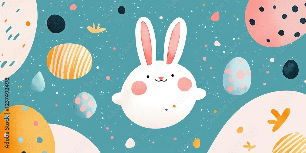 Cute bunny surrounded by colorful Easter eggs and planets. Easter day illustration. Cute bunny surrounded by colorful Easter eggs and planets. Easter day illustration.