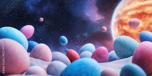 Colorful Easter eggs on a surreal alien landscape with a glowing planet. Easter day illustration.