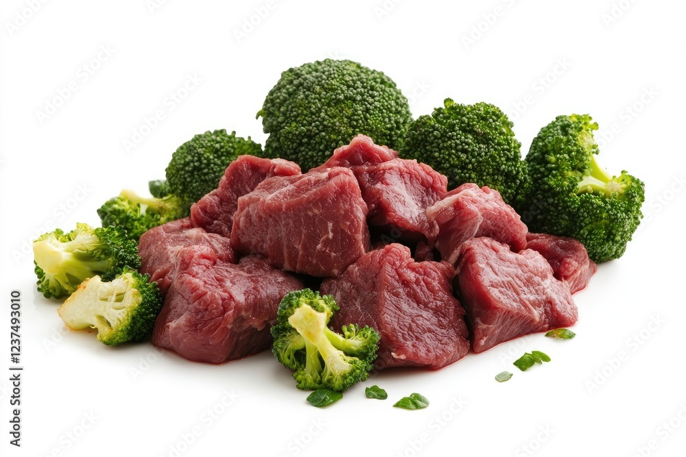 Raw beef cubes and fresh broccoli florets Raw beef cubes and fresh broccoli florets