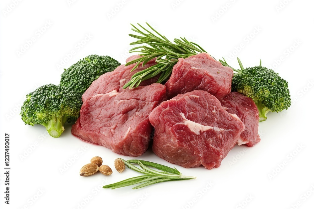 Raw beef steaks with broccoli and rosemary Raw beef steaks with broccoli and rosemary