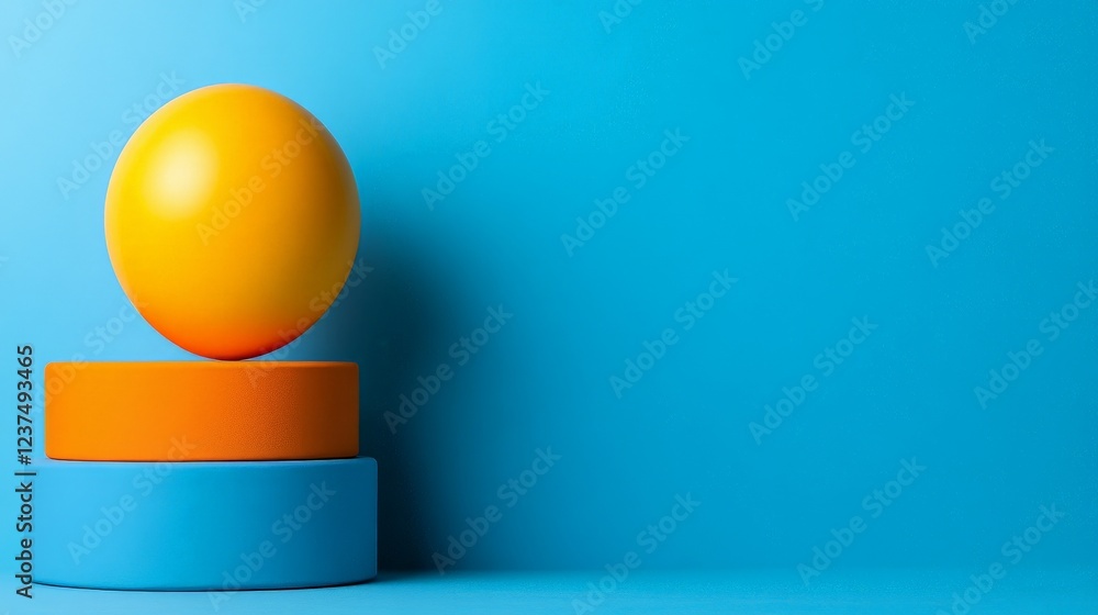 Balanced Sphere on Cylinders: A vibrant yellow sphere rests perfectly balanced atop two cylindrical platforms, one orange and one light blue, against a backdrop of a bright blue wall. Balanced Sphere on Cylinders: A vibrant yellow sphere rests perfectly balanced atop two cylindrical platforms, one orange and one light blue, against a backdrop of a bright blue wall.