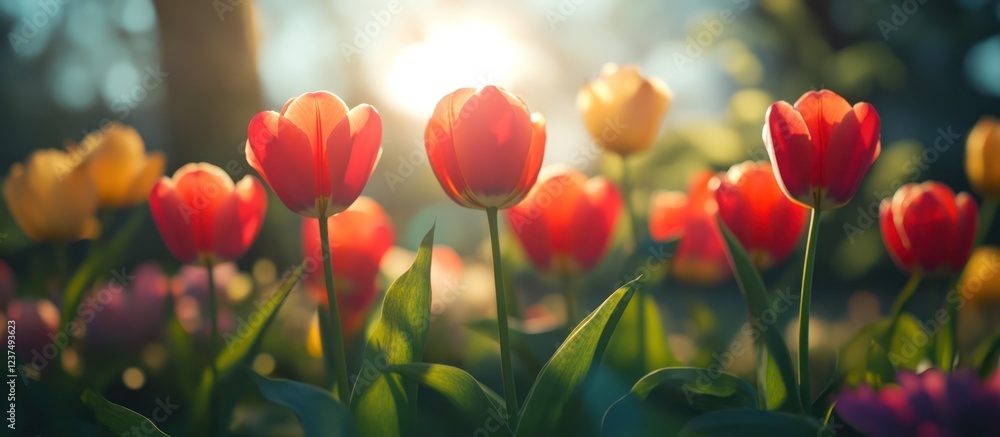 Sunlit tulips garden spring bloom Sunlit tulips garden spring bloom