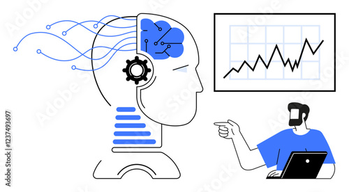 Human pointing at graph on screen, AI head with technological lines and gears. Ideal for AI, data analysis, collaboration, technology, innovation, machine learning business strategy. Blue and white