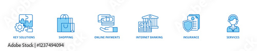 Financial service icon set flow process which consists of key solutions, shopping, online payments, internet banking, insurance and services icon live stroke and easy to edit .
