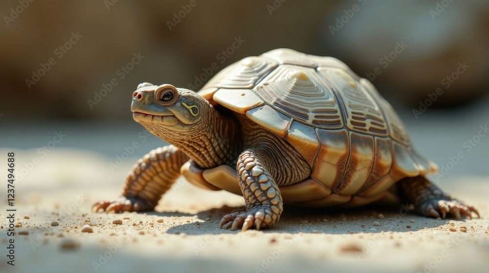 Obraz premium A small tortoise, meticulously detailed, slowly makes its way across sun-drenched sand, its shell showcasing intricate patterns in the warm sunlight.