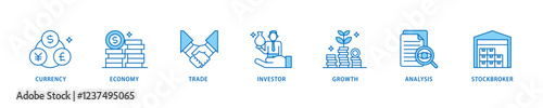 Forex icon set flow process which consists of currency, economy, trade, investor, growth, analysis and stockbroker icon live stroke and easy to edit .