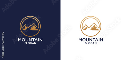 Mountain peak summit logo design. Outdoor hiking adventure icon set. Alpine wilderness travel symbol. Vector illustration.
