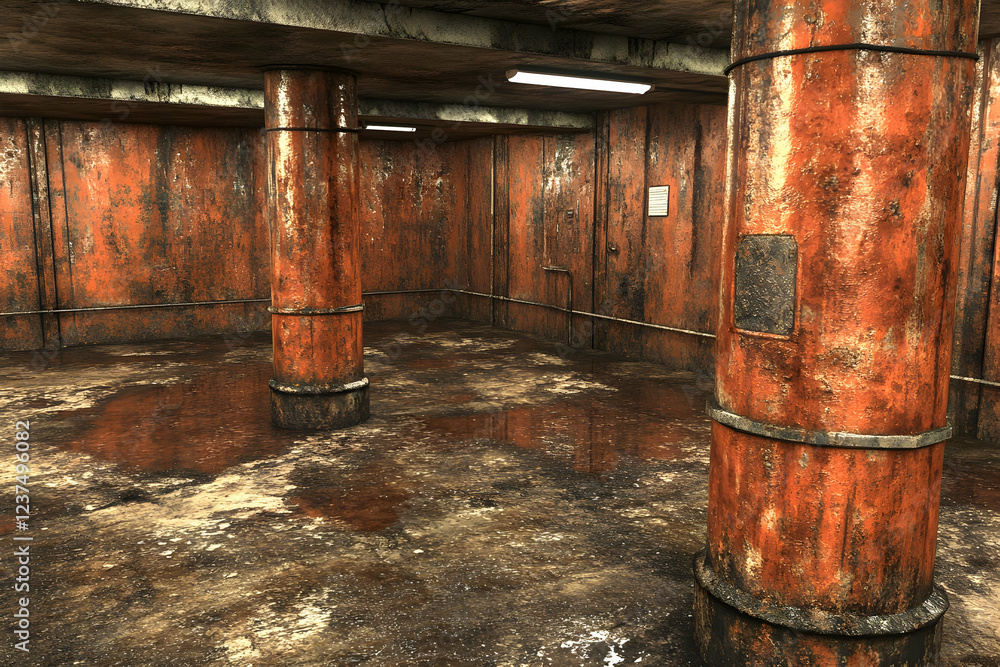 Rusty basement, wet floor, industrial setting, background pipes Rusty basement, wet floor, industrial setting, background pipes
