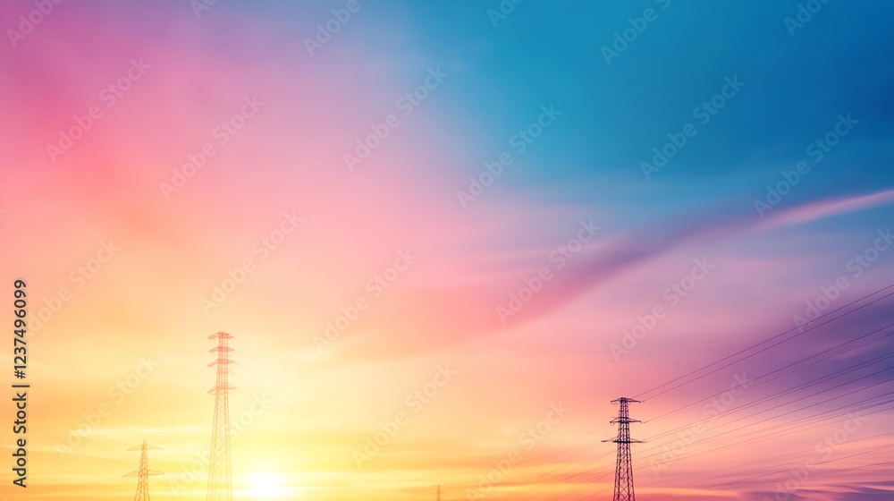 Fototapeta premium A colorful sky with a sunset and a few power lines