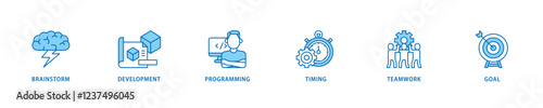Hackathon icon set flow process which consists of brainstorm, development, programming, timing, speed, teamwork, and goal icon live stroke and easy to edit .