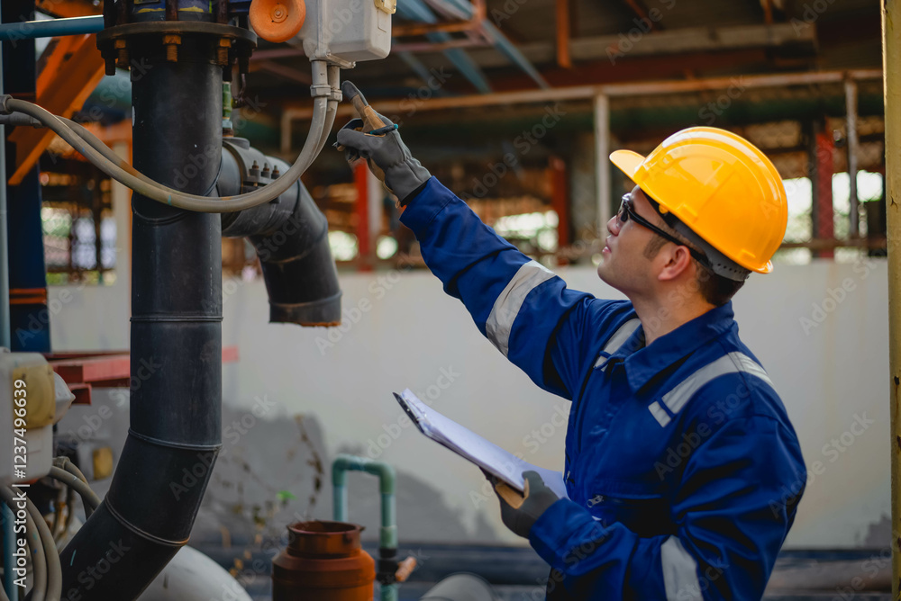 A plumbing inspector is inspecting the operation of a high-pressure water pump system in an industrial plant to ensure compliance with required standards. A plumbing inspector is inspecting the operation of a high-pressure water pump system in an industrial plant to ensure compliance with required standards.