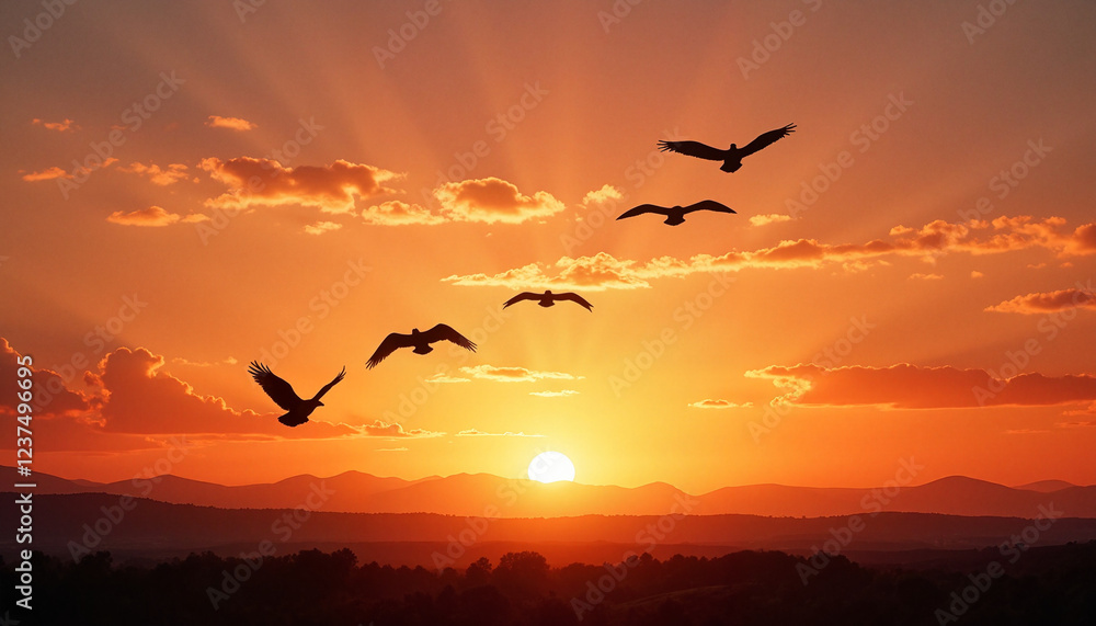 Fototapeta premium Birds flying at sunset over mountains