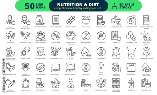 Nutrition and diet icon set. Healthy eating, wellness, weight management outline editable stroke vector illustrations.
