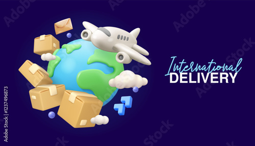 International delivery web banner. Cartoon vector 3d Earth with airplane, carboard boxes and letter in clouds. Express package delivery service concept