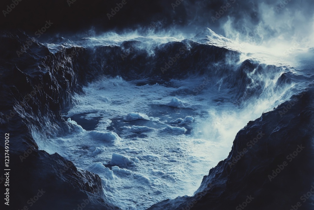 Majestic Icebergs Floating in Dark Ocean Waters from Above, Aerial View of Glacier Ice Formations Surrounded by Deep Blue Sea, Arctic Landscape with Drifting Ice Blocks in Black Waters