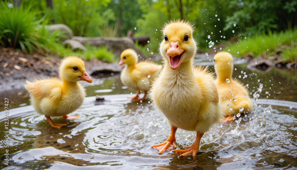 Ducklings splashing joyfully in a shallow pond Ducklings splashing joyfully in a shallow pond
