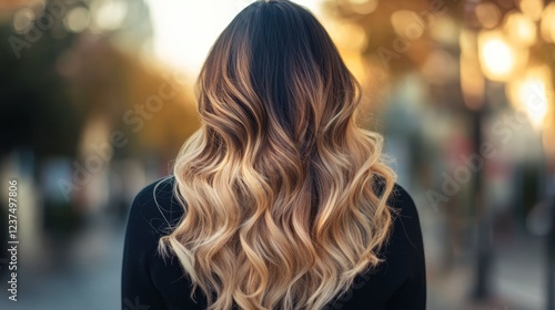 A woman with long, wavy hair stands outdoors, showcasing beautiful golden highlights against a blurred autumn background.