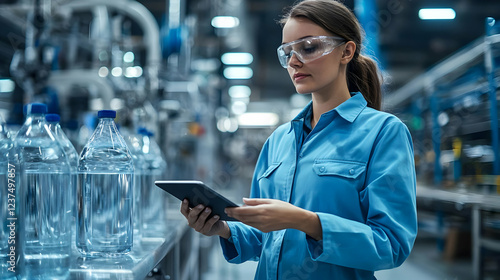 A female engineer wearing safety glasses and a blue uniform, inspecting water bottles on a production line with a tablet.