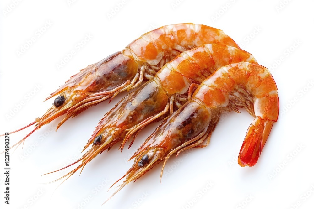 Three succulent prawns arranged on a white background Three succulent prawns arranged on a white background