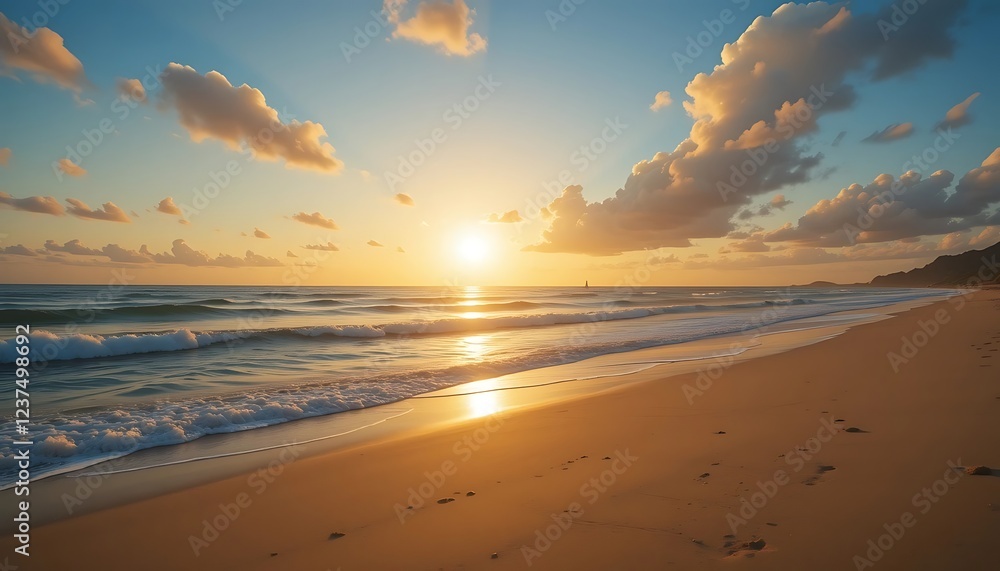 Obraz premium Golden Sunset Over Ocean Beach Waves Sky