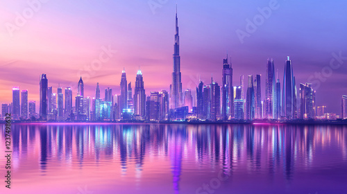 dubai skyline cityscape at sunset with pink and purple colors reflection in water