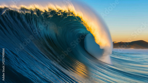 Fototapeta Naklejka Na Ścianę i Meble -  Giant ocean wave breaking at sunset creating a perfect tube for surfing
