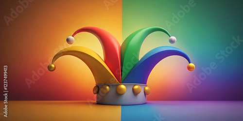 Vibrant jester hat with colorful panels on a split background for April Fool’s Day concept
