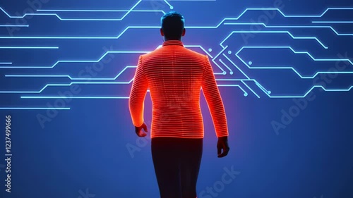 Man in Glowing Red Jacket Stands Against Futuristic Blue Circuit Board Background, Symbolizing Technology and Innovation in High Tech Atmosphere with Blue Digital Lines