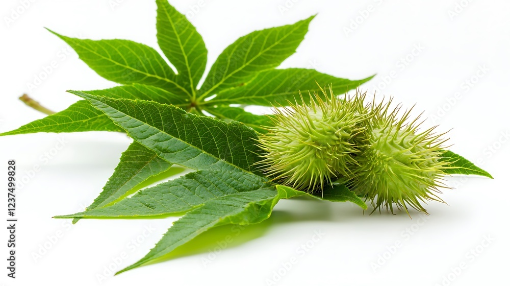 Green spiky fruit and leaf on white background; nature, botany, plant Green spiky fruit and leaf on white background; nature, botany, plant