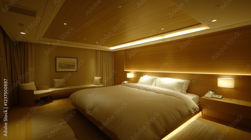 Fototapeta premium Luxurious Hotel Room Interior Design: Warm Lighting and Minimalist Decor