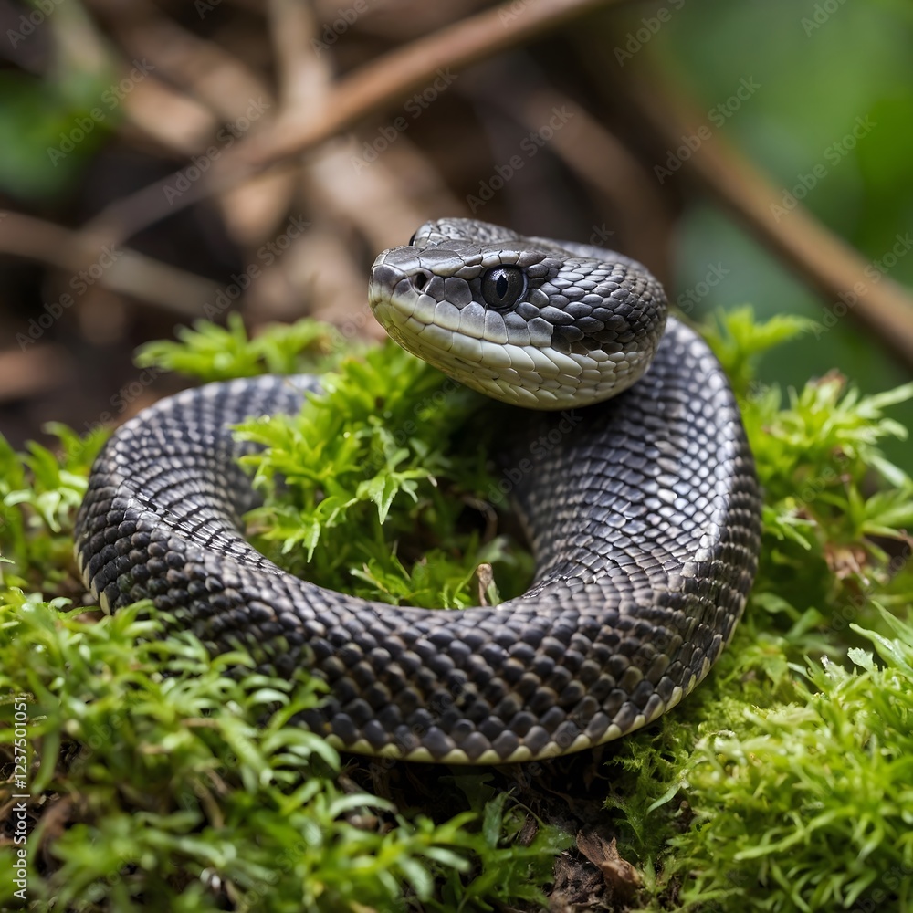 Fototapeta premium Juvenile Atheris Hispida in Jungle Habitat Showcasing Unique Coloration and Texture