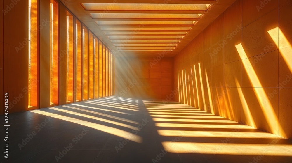 Fototapeta premium Sunlit amber corridor interior, architectural design