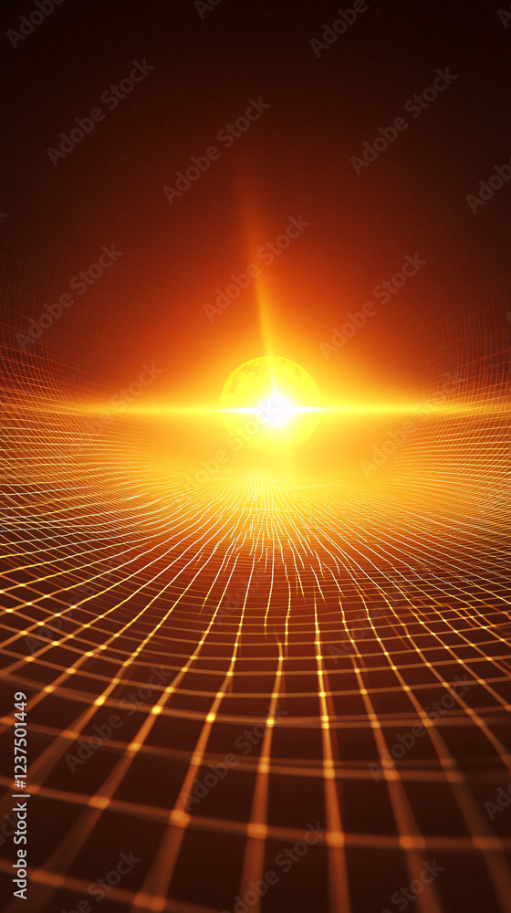 Naklejka premium orange abstract grid background with sun and glowing light rays