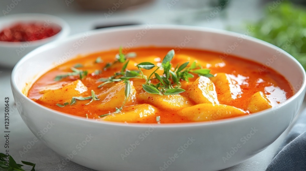 Delicious and Colorful Potato Dish in Creamy Tomato Sauce Bowl Delicious and Colorful Potato Dish in Creamy Tomato Sauce Bowl