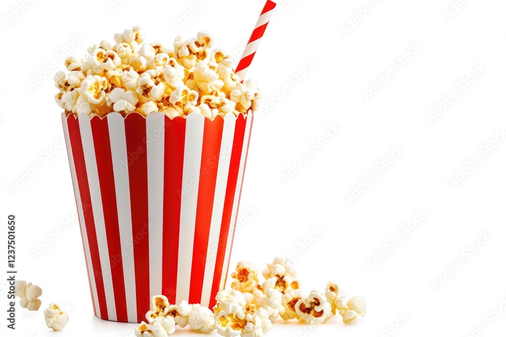 Red Striped Popcorn Bucket With Straw And Spilled Popcorn Red Striped Popcorn Bucket With Straw And Spilled Popcorn