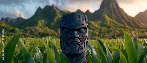 Dark Tiki statue in a tropical landscape.