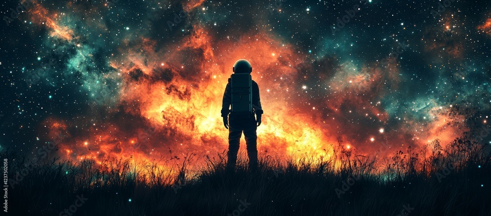 Fototapeta premium Astronaut gazing at fiery nebula, night sky, grassy field. Space exploration concept