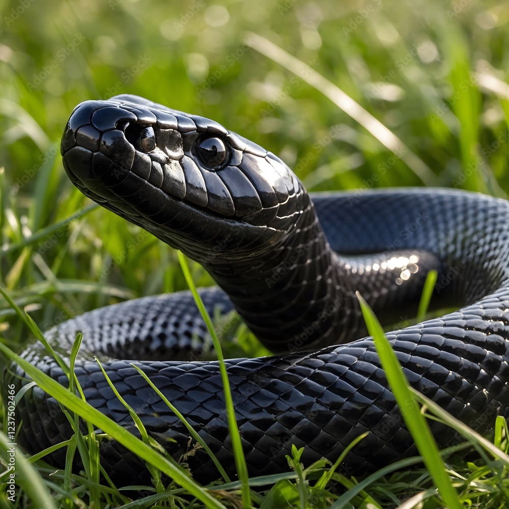 Fototapeta premium Black Mamba Coiled in Grass with Dramatic Contrast of Sleek Scales and Lush Greenery