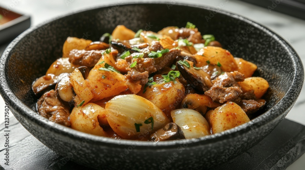 Sizzling Asian Style Beef Dish with Colorful Vegetables and Herbs Sizzling Asian Style Beef Dish with Colorful Vegetables and Herbs