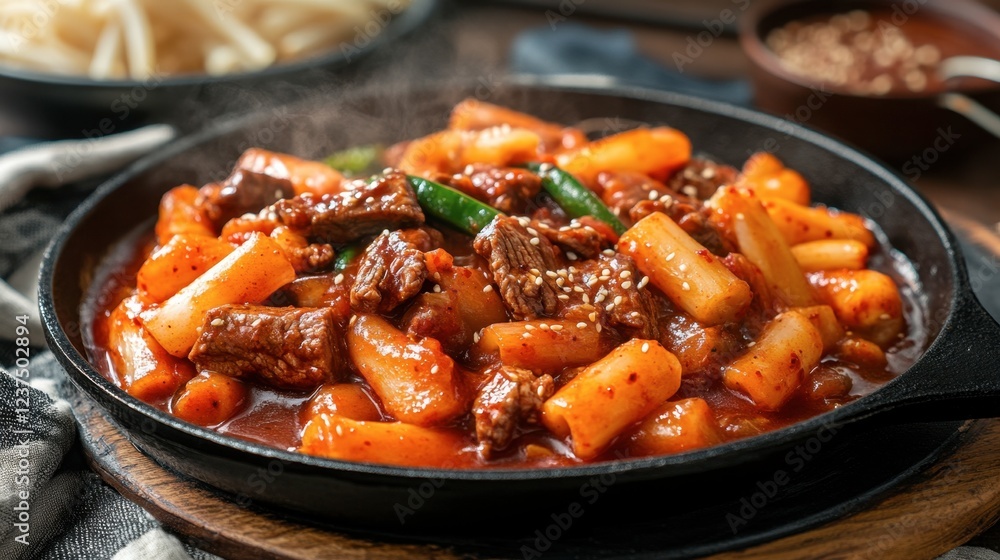 Sizzling Beef and Vegetable Dish on Hot Plate with Steam Sizzling Beef and Vegetable Dish on Hot Plate with Steam