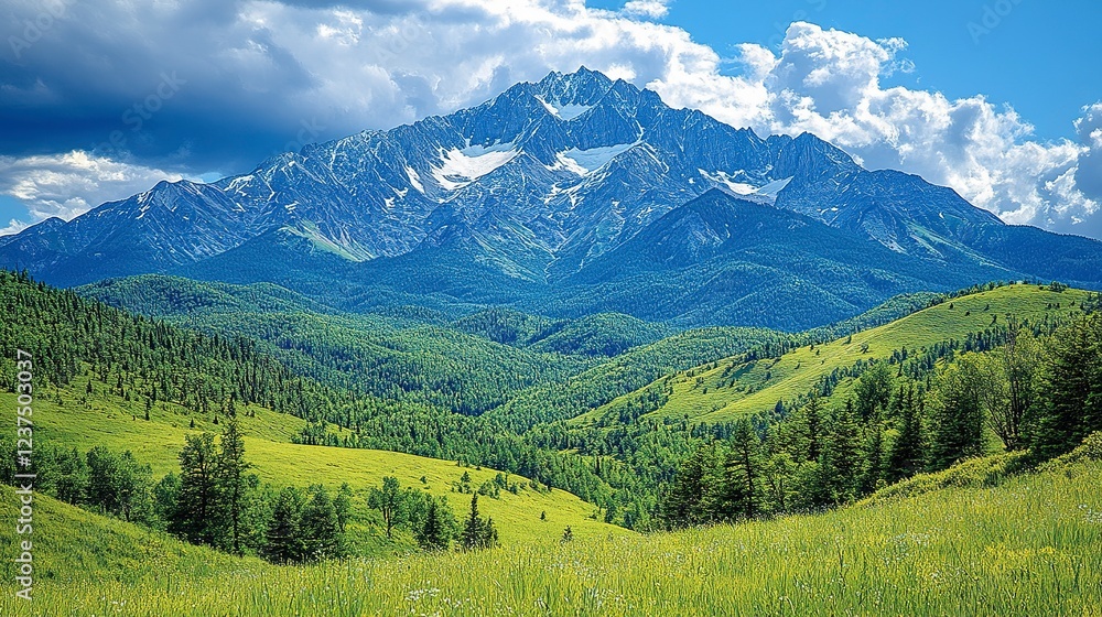 Majestic Mountain Range Overlooking Lush Green Valley Majestic Mountain Range Overlooking Lush Green Valley