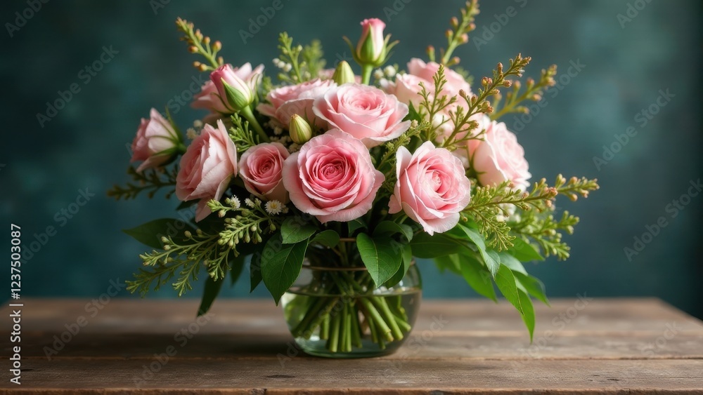 A delicate arrangement of blush pink roses and greenery in a clear glass vase, elegantly displayed on a rustic wooden surface against a muted teal backdrop. A delicate arrangement of blush pink roses and greenery in a clear glass vase, elegantly displayed on a rustic wooden surface against a muted teal backdrop.