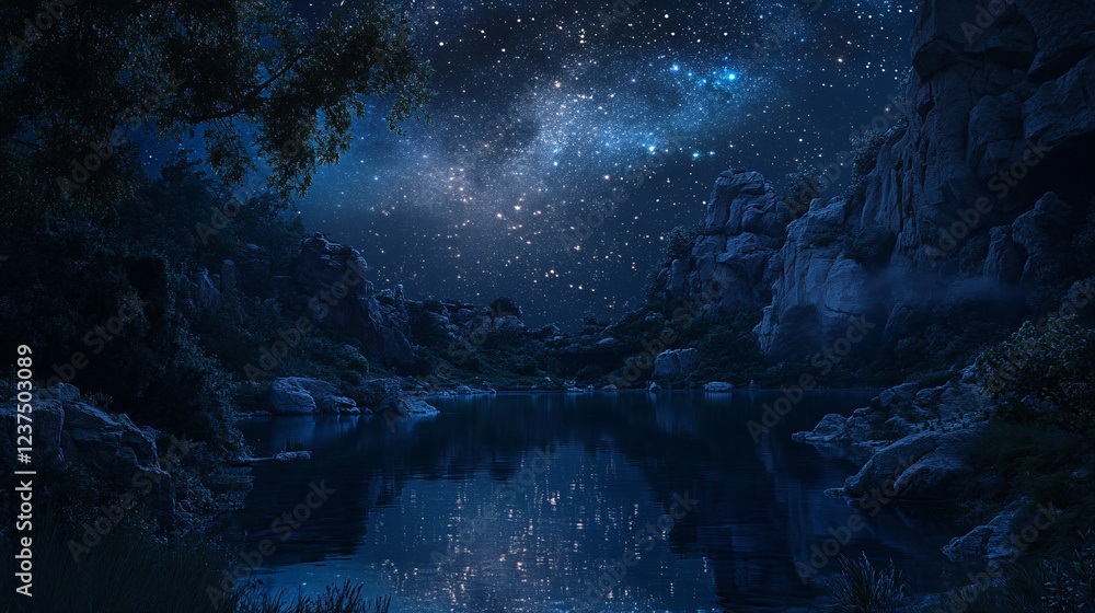 Obraz premium dark night sky stars above tranquil mountain lake reflection