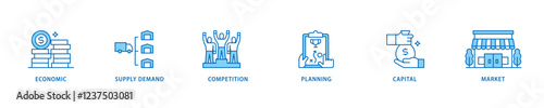 Market economy icon set flow process which consists of economic, supply demand, competition, planning, capital, market icon live stroke and easy to edit .