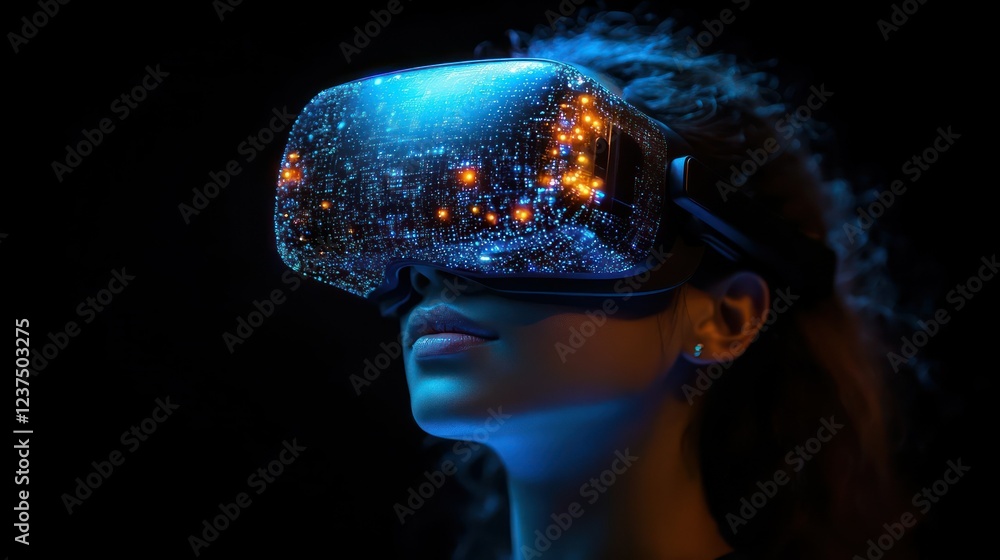 Obraz premium Woman Exploring Virtual Reality Metaverse Immersive Experience