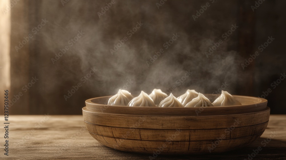 Steaming Dumplings in Bamboo Basket on Rustic Wooden Table Steaming Dumplings in Bamboo Basket on Rustic Wooden Table